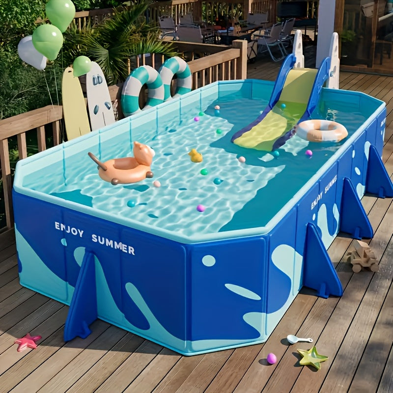 Inflatable swimming pool made of durable PVC material in a rectangular shape suitable for ages 14+.