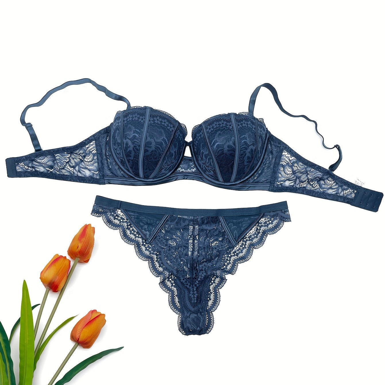 Floral lingerie set with lace embroidered push-up bra and panty, designed for small busts and features anti-sagging adjustable bralette.