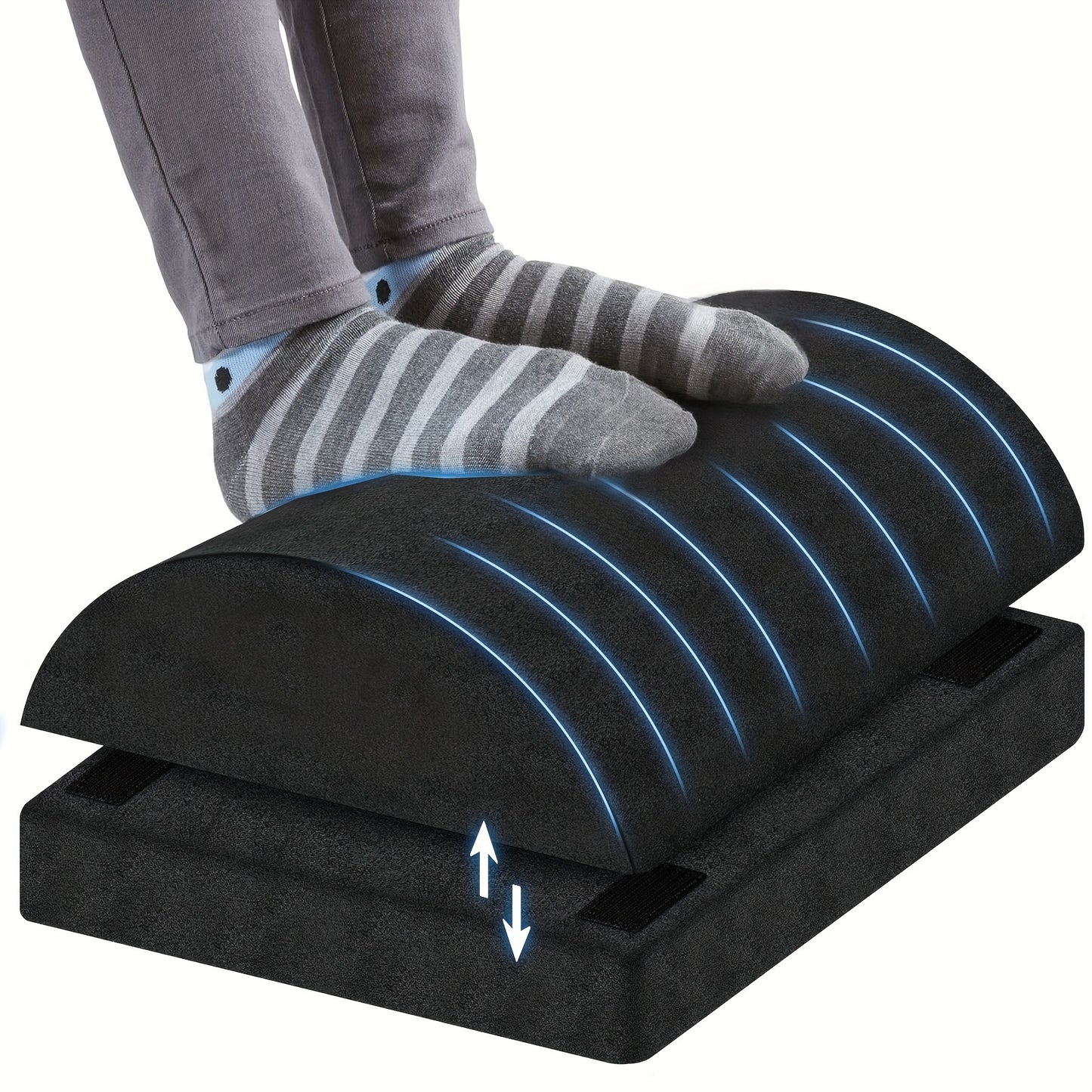 Versatile foot rest with washable cover and 2 adjustable heights for work, car, home, and office.