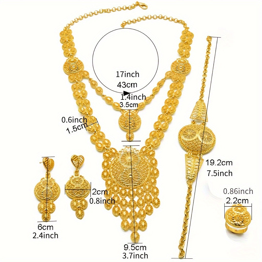 Extravagant 5-Piece Gold-Tone Jewelry Set with Intricate Hollow Carvings - Inspired by Bollywood Fashion, Includes Necklace, Earrings, Bracelet, and Ring - Ideal for Special Occasions like Weddings, Parties, and Ramadan Gifts for Women