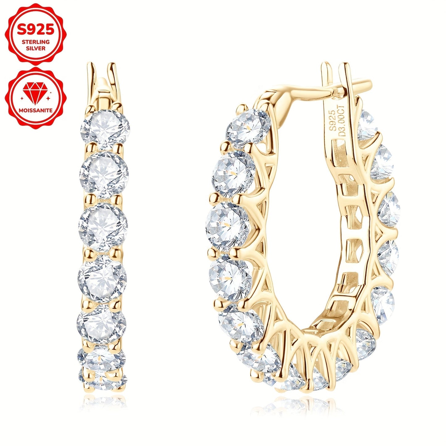 These earrings are made of 925 sterling silver and feature a pair of round Moissanite stones measuring 3mm each, with a total weight of 1.5 carats. The earrings are adorned with 30 Moissanite stones in total, each weighing 3.74 grams. This elegant design