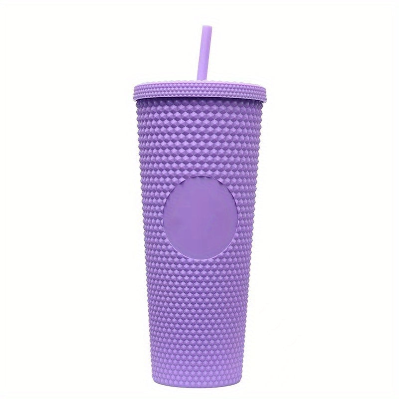 1pc studded cup with lid and straw, 24oz matte cups, BPA-free tumbler, shiny plastic water cup, double-layer water bottle, reusable vent cup, drinkware, home kitchen items, birthday gift