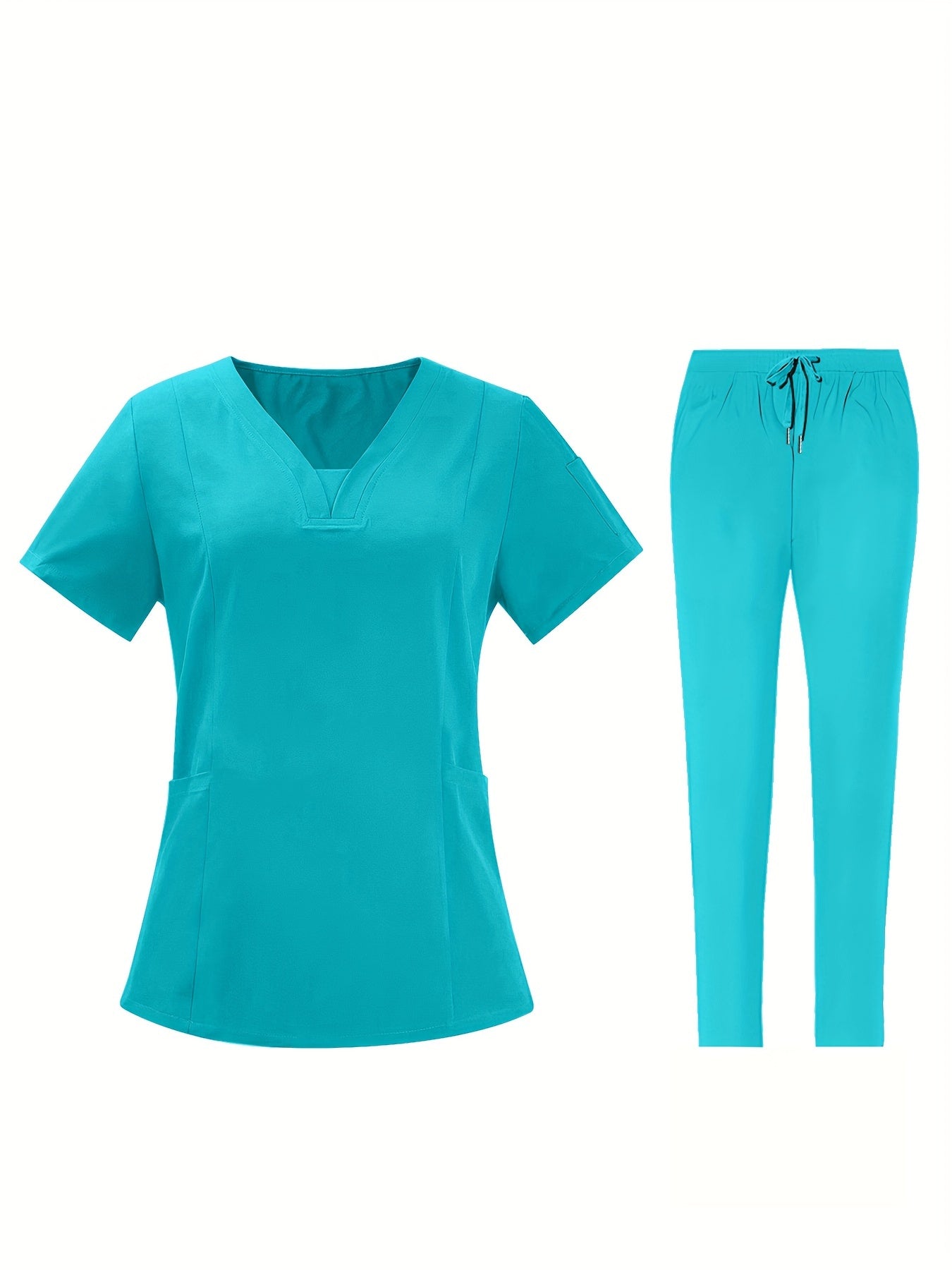 Durable Women's Jogger Scrub Set with V-Neck Top, Drawstring Pants, and Functional Pockets - Ideal for Healthcare Professionals. Made with Stretchy & Breathable Polyester/Spandex, Machine