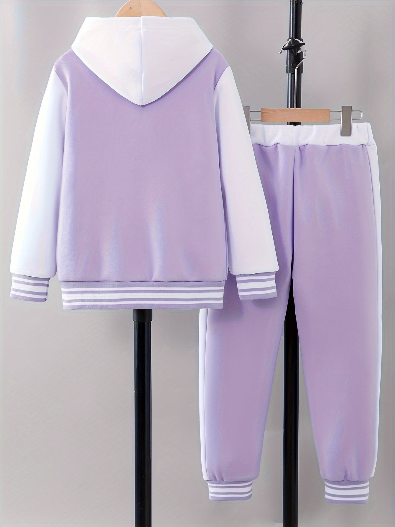 NY Letter Print Girl's Prep Outfit: Color Block Varsity Jacket + Sweatpants Set for Stylish Fall/Winter Wear