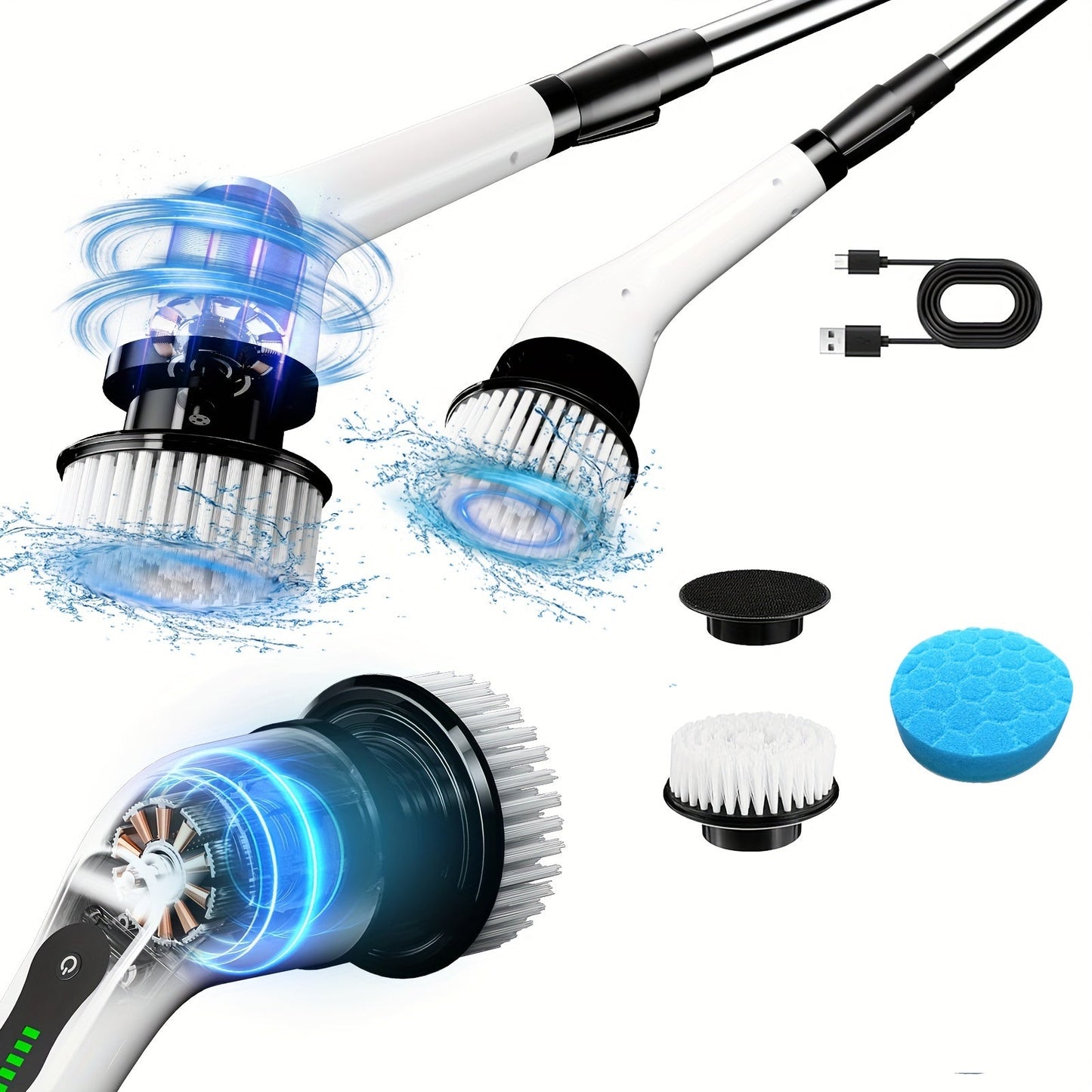 Introducing the Electric Cleaning Brush Set - a versatile rotary floor scrubber that is cordless and wireless. This set includes 1 electric scrubber with 7 replaceable brush heads, an adjustable extension handle, and USB-C charging cable. Perfect for