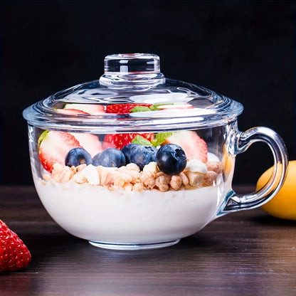 Premium glass cup with lid & spoon, microwave safe. Ideal for breakfast, coffee, tea, milk, yogurt. Clear, durable & stylish for home or office.