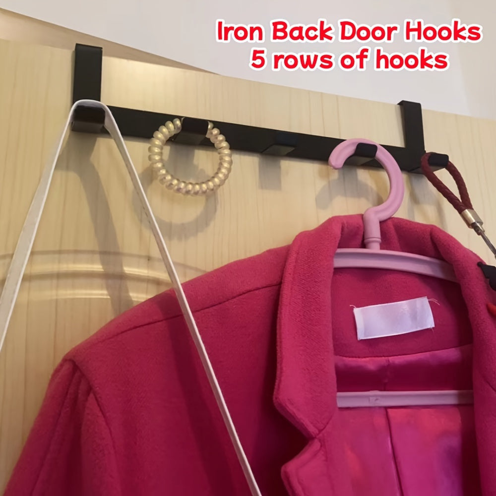 Modern black metal door hanger with 5 hooks, rust-proof and easy installation for towels and clothes.