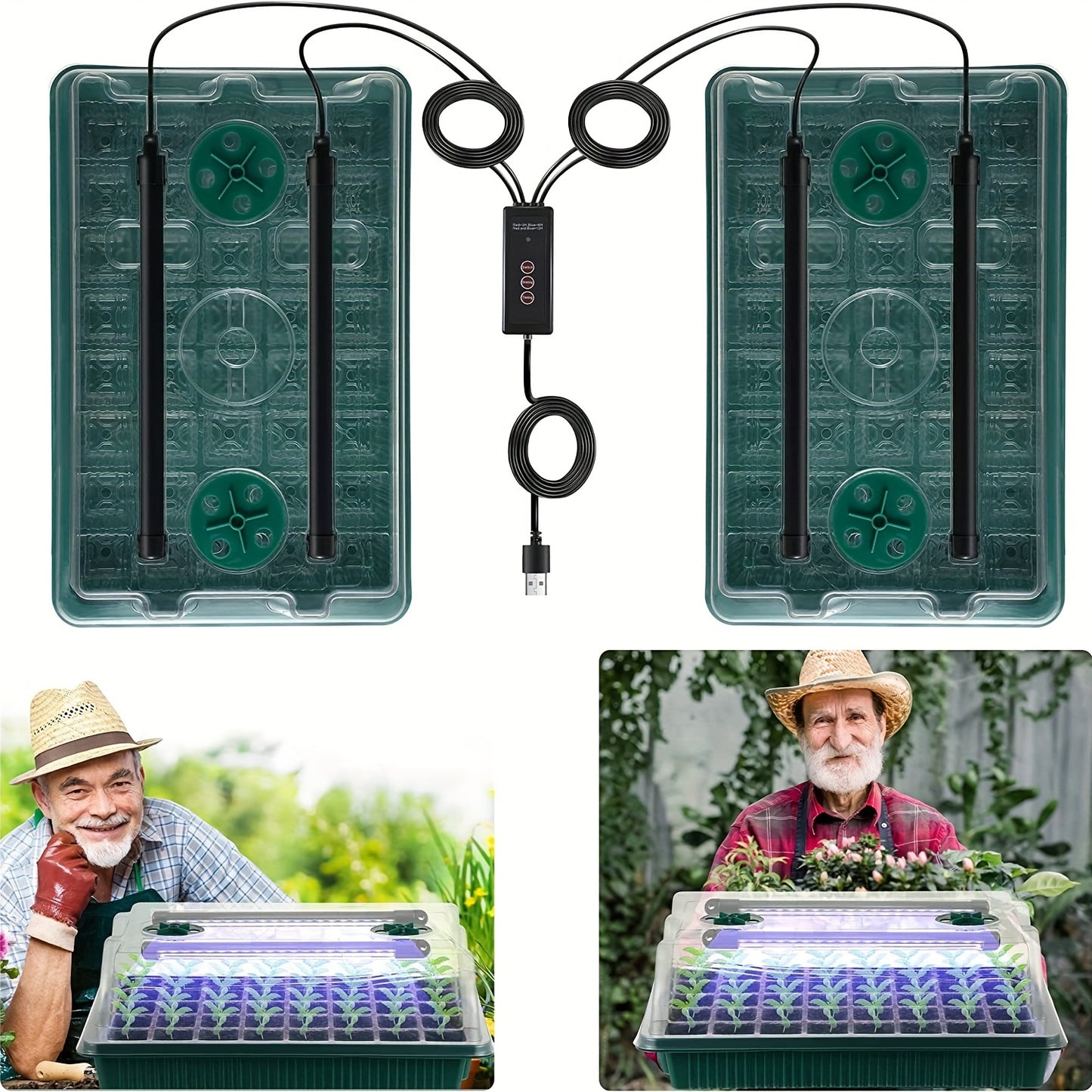 Seed starter kit with 2 trays, high dome, 80 cells, LED lights, timer, and 3 modes for indoor gardening.