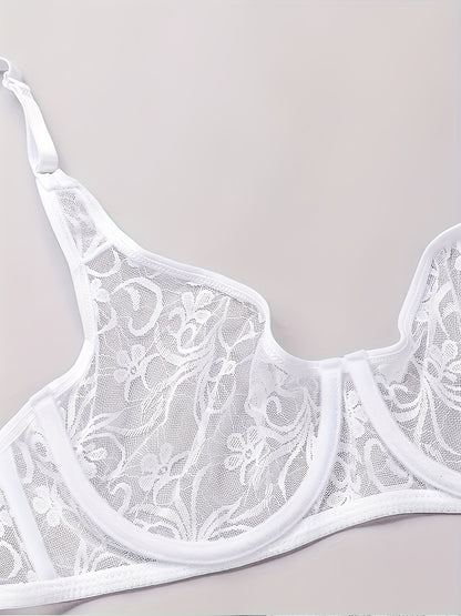 Stylish plus size floral lace bra with V-neck, delicate embroidery, underwired support, breathable, hand washable, in white