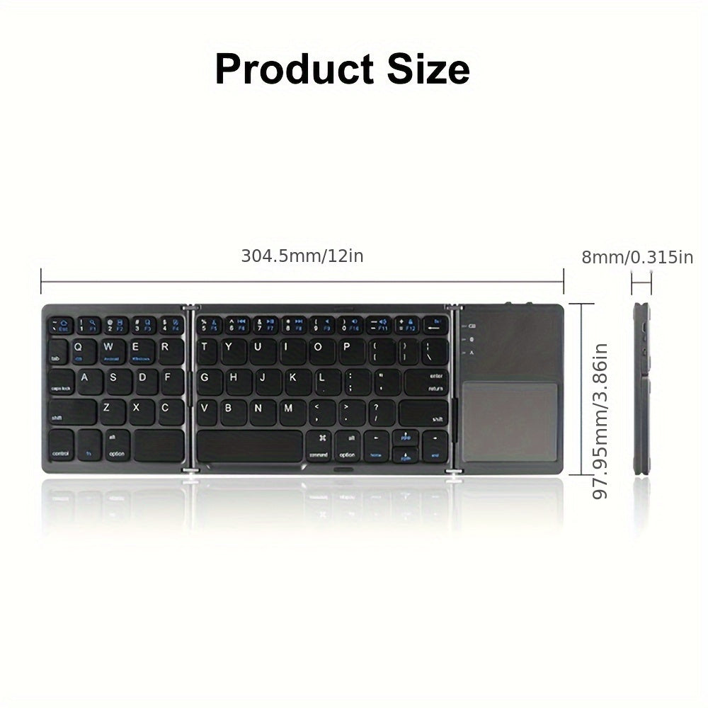 Portable and rechargeable wireless keyboard with touchpad, compatible with iPad Air 2, Windows 10, and Android devices. 81 keys, lightweight design, and durable construction.