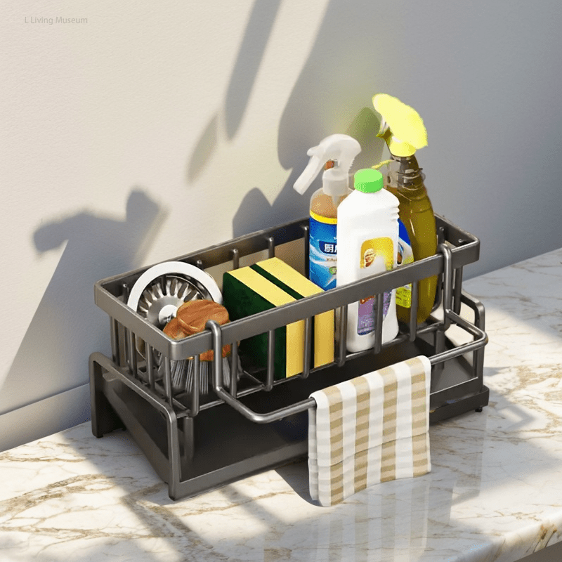 Multi-Function Plastic Sink Caddy Organizer - Convenient Storage Rack for Sponges, Soap, Brushes, Towels, Scrubbers - No-Drill Required - Perfect Bathroom and Kitchen Accessory Organizer