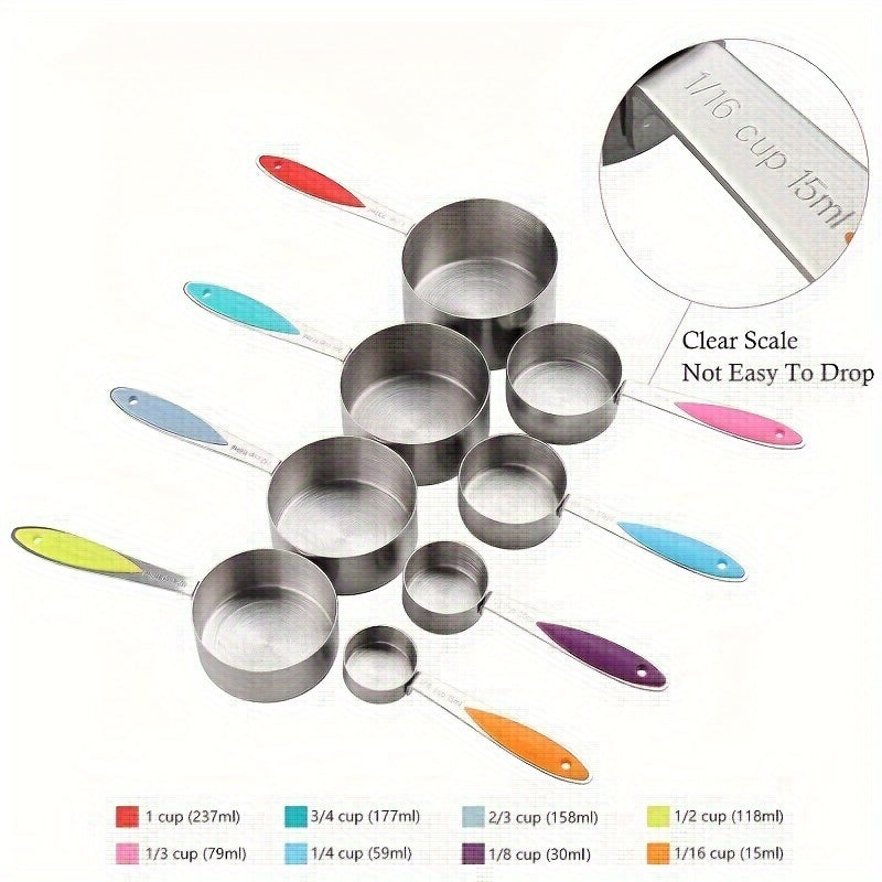 The 23-piece Black Stainless Steel Measuring Cups and Spoons Set includes 8 stackable measuring cups, 8 double-sided magnetic measuring spoons, 1 level, 5 mini spoons, and 1 conversion table. Perfect for measuring both dry and liquid ingredients.