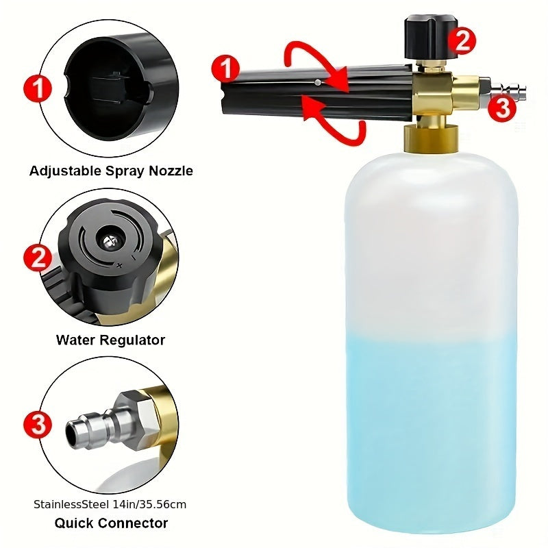 Foam Cannon with adjustable snow foam gun and thick foam for vehicles. Includes quick connector and 1 liter bottle.