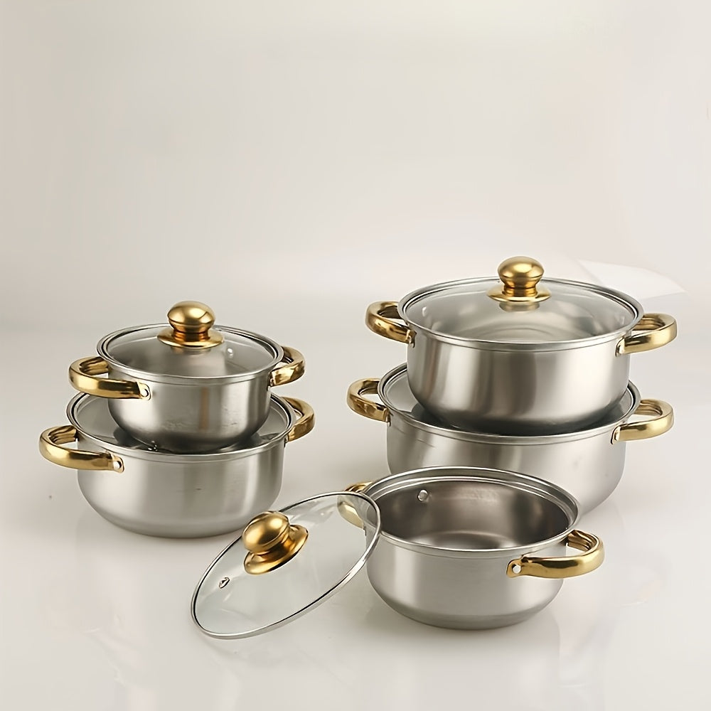 A multifunctional kitchen cookware set made of stainless steel comprising of 5 pots with double handles and 5 transparent lids. Compatible with gas stoves and induction cookers, suitable for cooking soup, stew, and noodles in 5 different sizes.