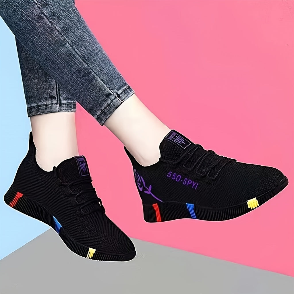 Mesh sneakers for women with letter and rose design, ideal for casual walking and sports activities, featuring a non-slip sole.