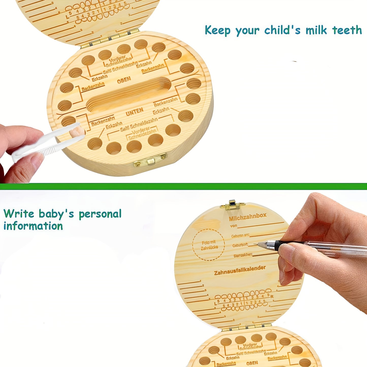 Men's Wooden Baby Tooth Box keepsake for teeth, hair, umbilical cord. Includes tweezers for infant tooth storage. Cute box preserves childhood memories.