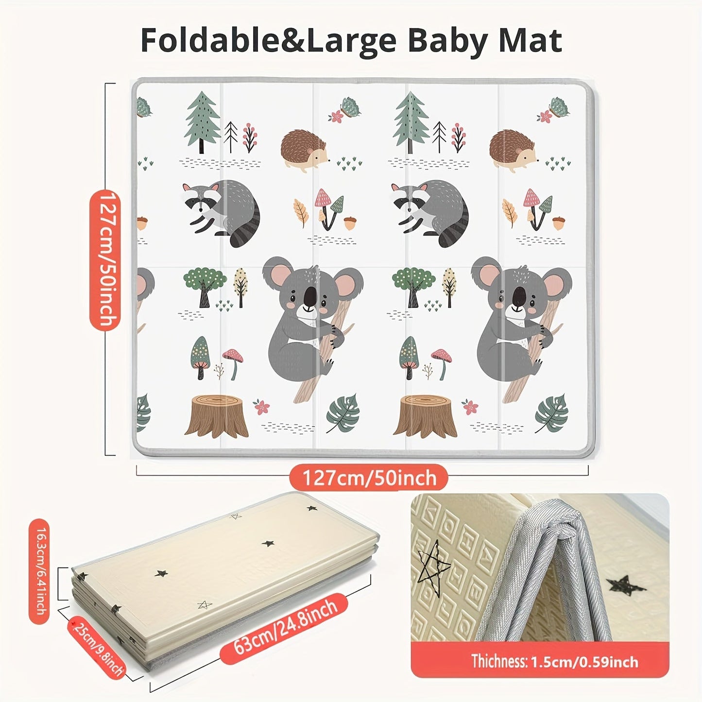 The Waterproof Foldable Play Mat measures 127.0x127.0 cm and features dual-side Koala & Star patterns. Made of PE foam, this floor gym is ideal for children -8 years for nursing and playtime. It is portable for both indoor and outdoor use, making it the