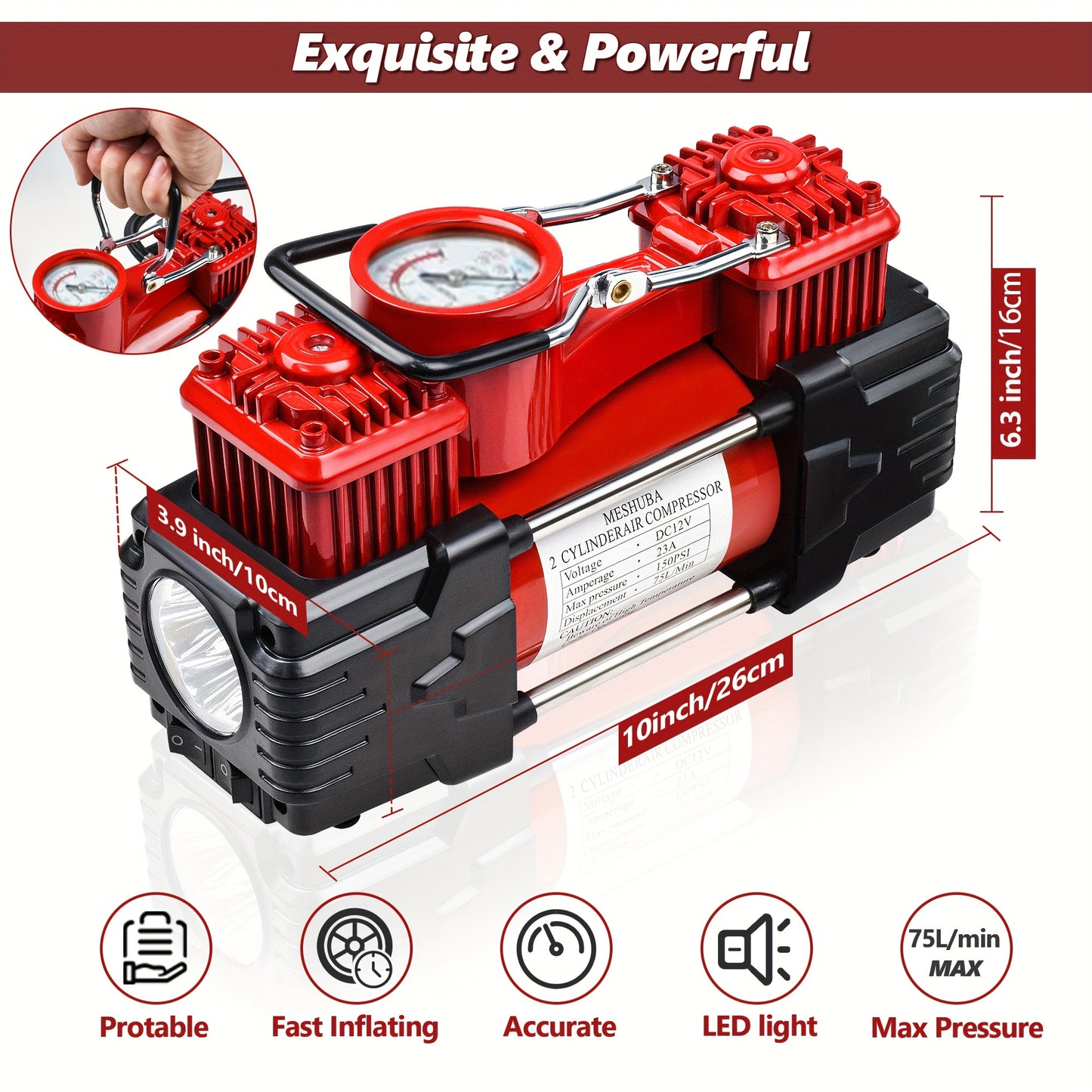 12V portable twin cylinder air compressor with accurate gauge and emergency light for vehicles, bicycles, and more, no battery included.