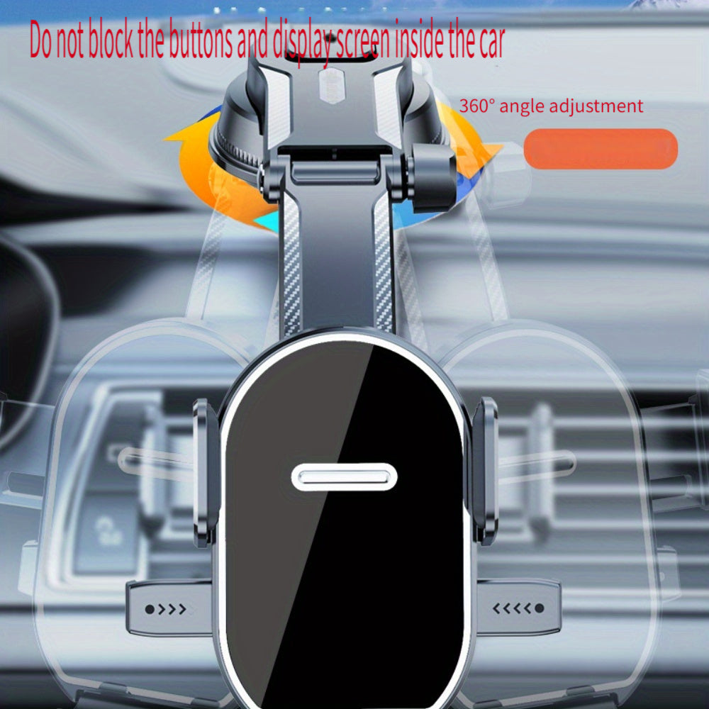 This phone holder rotates 360°, mounts on dashboard with suction cup, made of durable ABS material for secure grip while driving. Allows for safe navigation and flexible positioning of