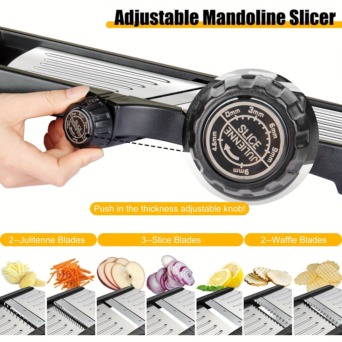 Manual Vegetable Cutter with Safe Hand Holder and Gloves for Kitchen - Onion Potato Chip French Fry Slicer, 7-in-1 Adjustable Stainless Steel Mandoline Food Slicer