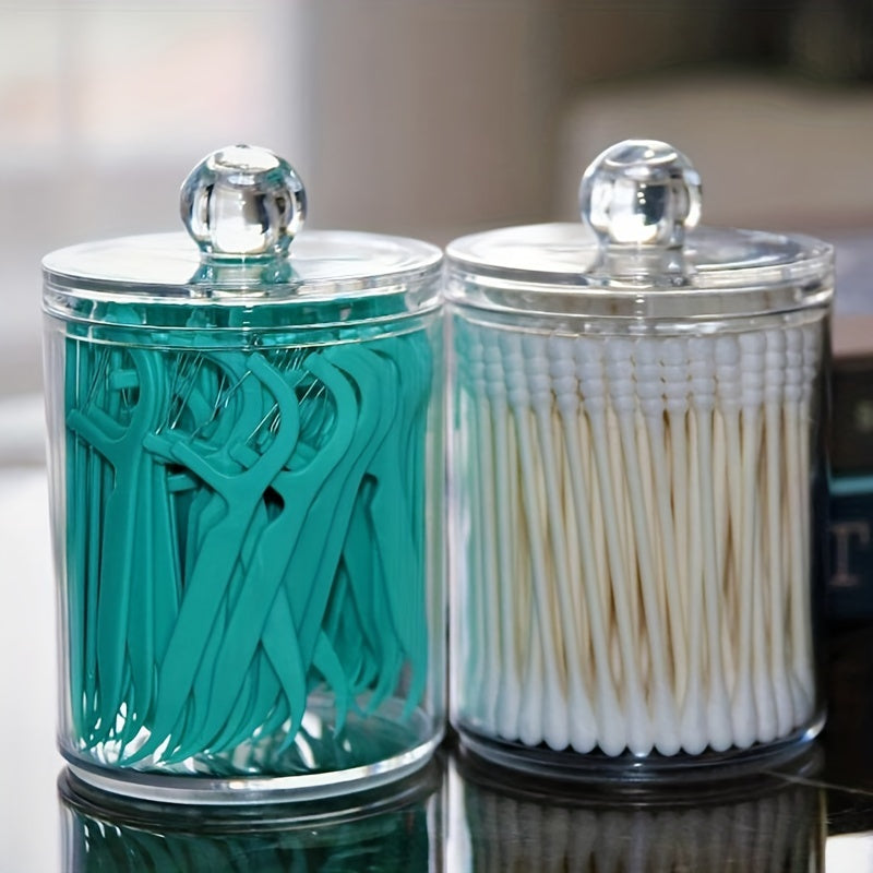 2 Clear plastic canisters with lids for Q-tips and swabs - perfect for bathroom and makeup storage.