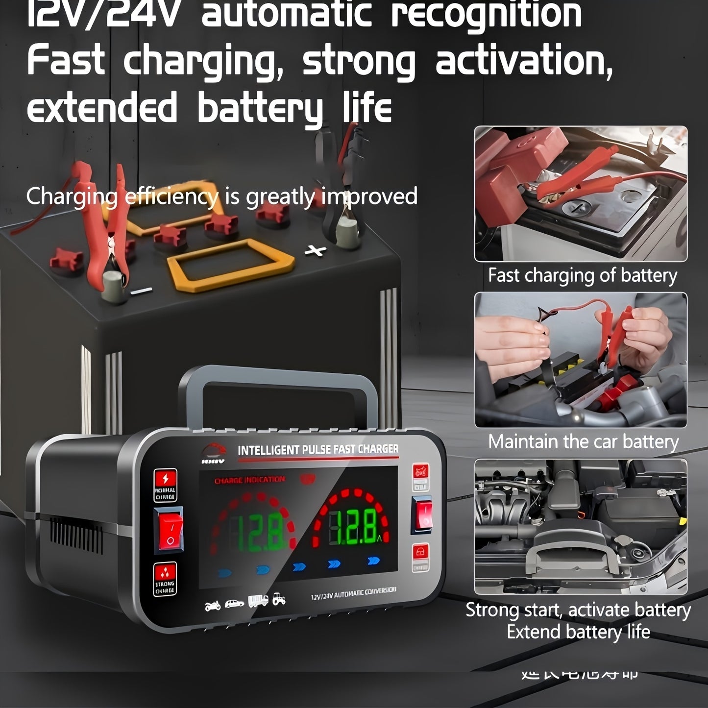 Smart car battery charger with LCD display, compatible with multiple vehicles and power supplies.