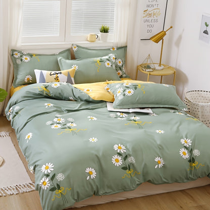 Fresh Daisy Print Duvet Cover Set includes 1 Flat Sheet, 1 Duvet Cover, and 2 Pillowcases. Soft, comfortable, and skin-friendly. Perfect for bedroom or guest room. No core included.