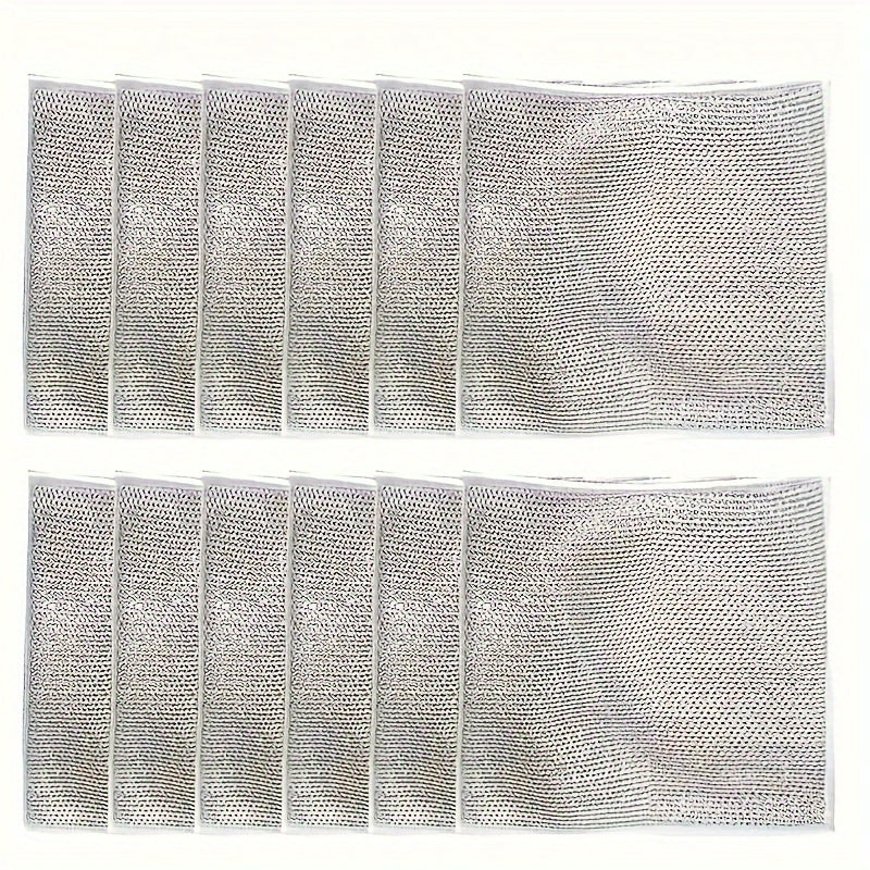 Introducing our versatile miracle cleaning cloth, made of 6/10/12 pieces of steel wire. Perfect for washing dishes with dry or wet use. This cloth won't scratch your dishes and is easy to rinse and machine washable. 20 cm in size.