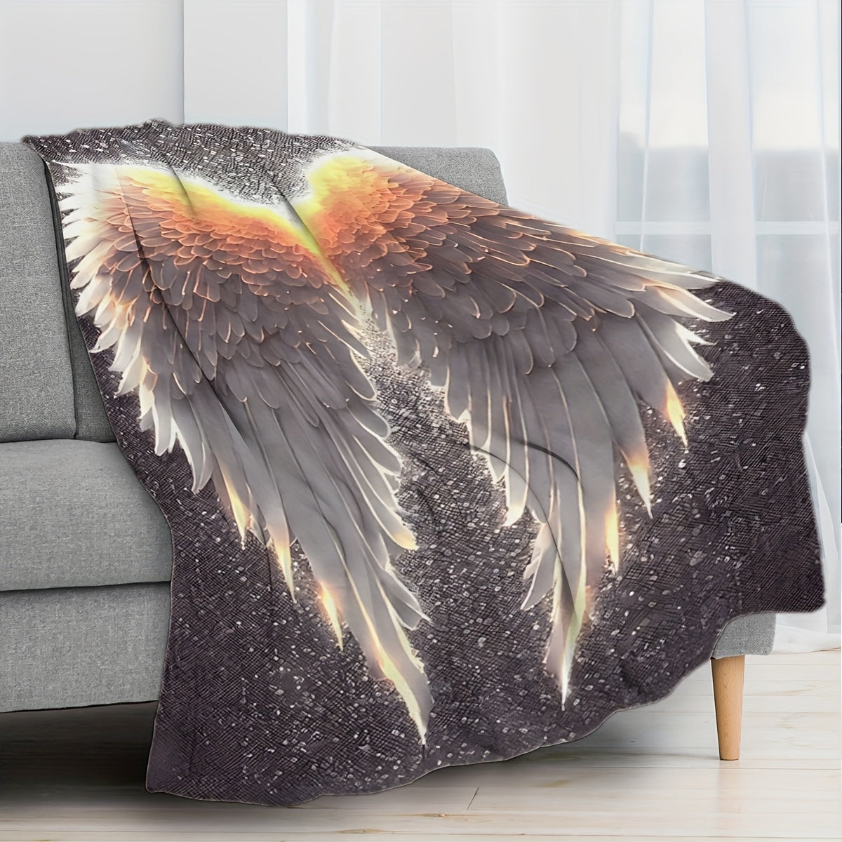 Contemporary Glowing Wings Print Flannel Blanket - Soft and Cozy Polyester Knit Throw for All Seasons, Perfect for Sofa, Travel, Bedroom, and Car - Lightweight and Vibrant Digital Print Bedding Option, 200-250gsm