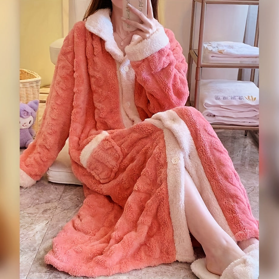 Soft and plush pink coral velvet women's bathrobe with contrast trim. Machine washable for cozy Autumn and Winter lounging.