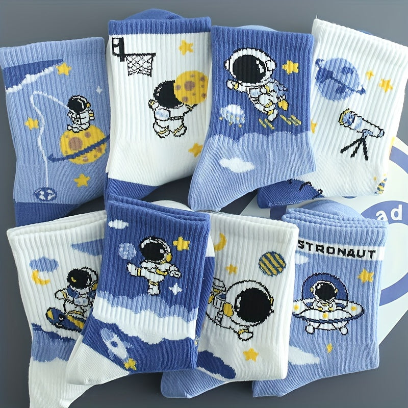 8 pairs of kids' cute astronaut pattern crew socks, comfy and breathable for spring and summer.