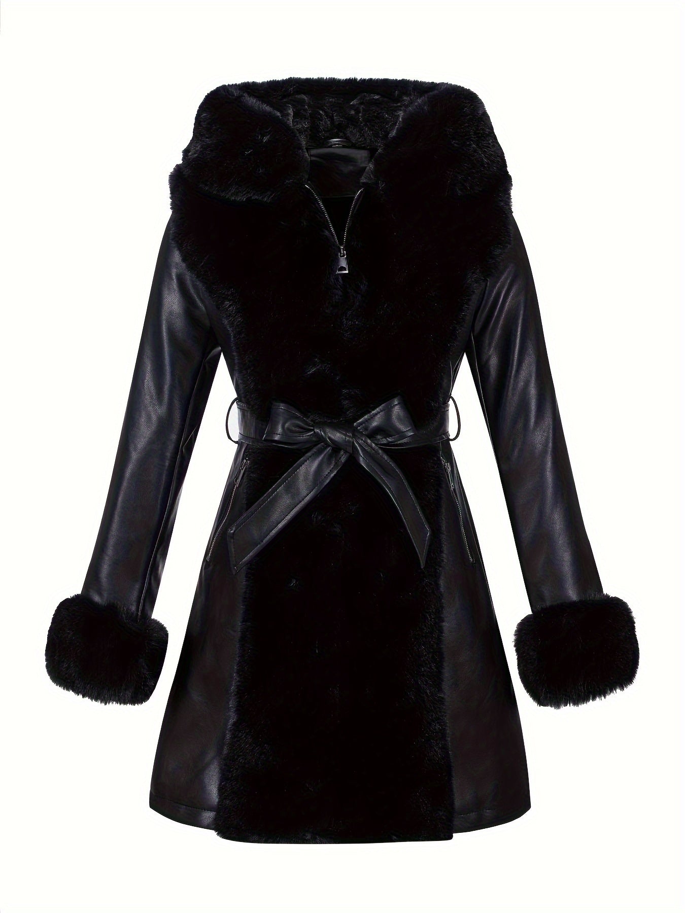 Stylish black PU leather jacket with faux fur trim, hood, and belt for fall/winter. Ideal commuter outerwear for cold weather.