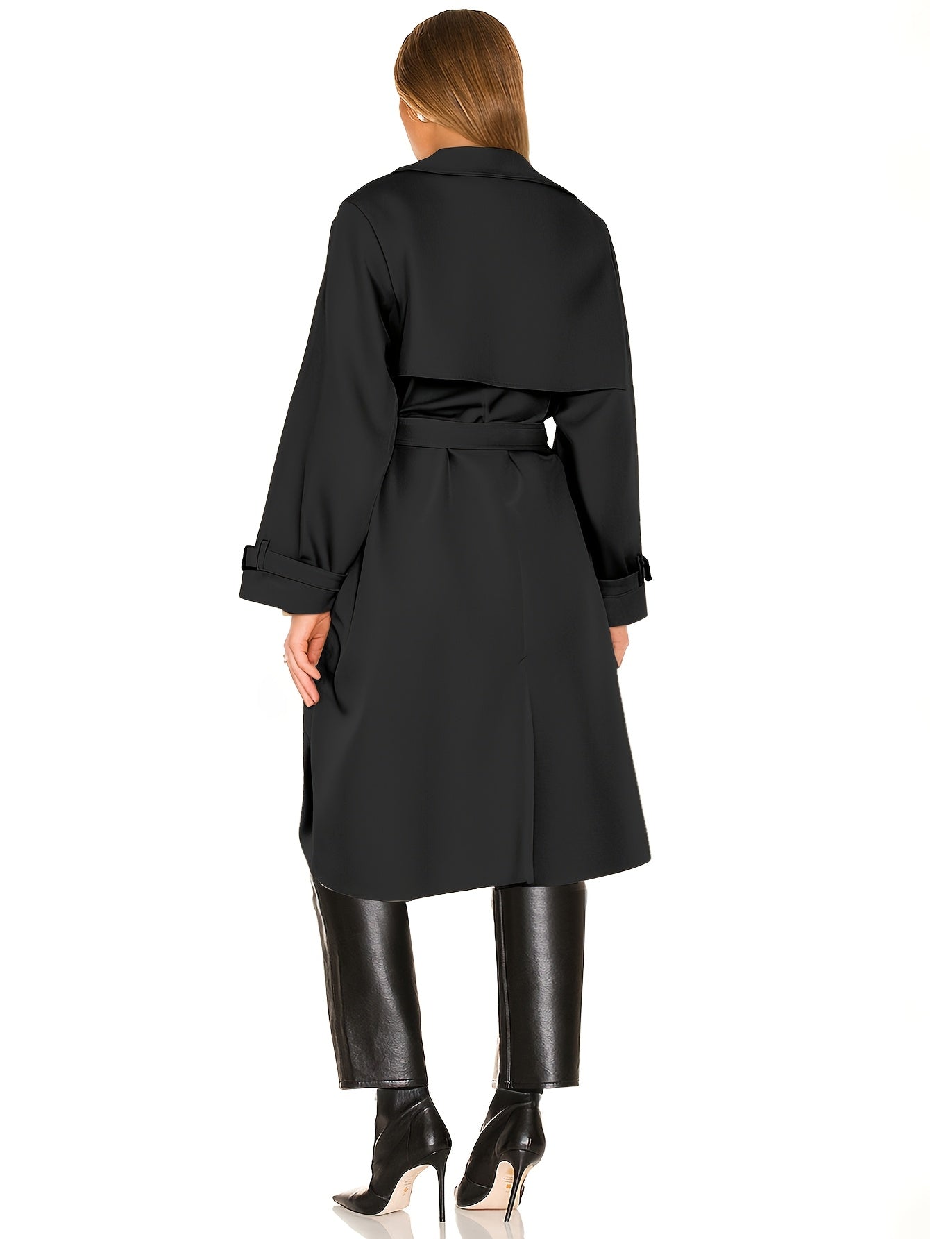 Double-breasted trench coat with lapel collar, belt, and long sleeves for fall & winter in plus sizes.