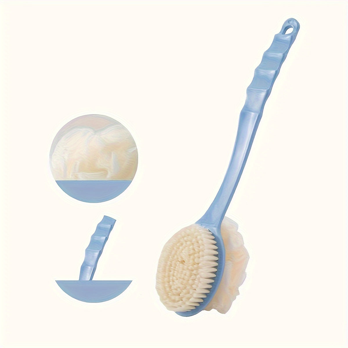 Long-handled back scrubber with soft bristles and bath ball for bathing.