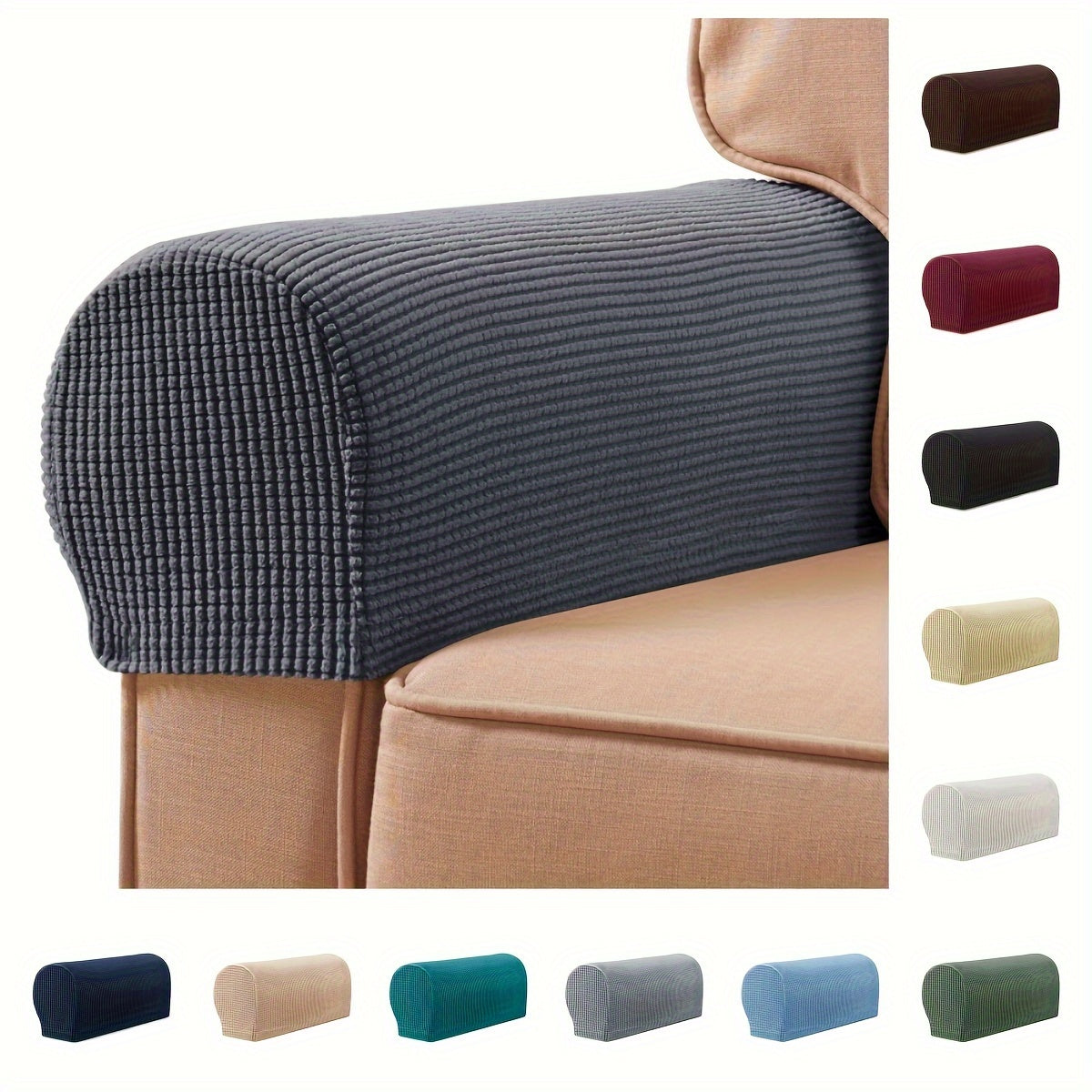 2 Stretch Armrest Covers made of durable spandex blend with plush texture. Scratch & dust resistant, and machine washable. Fits single to four-seater sofas & recliners in various colors.