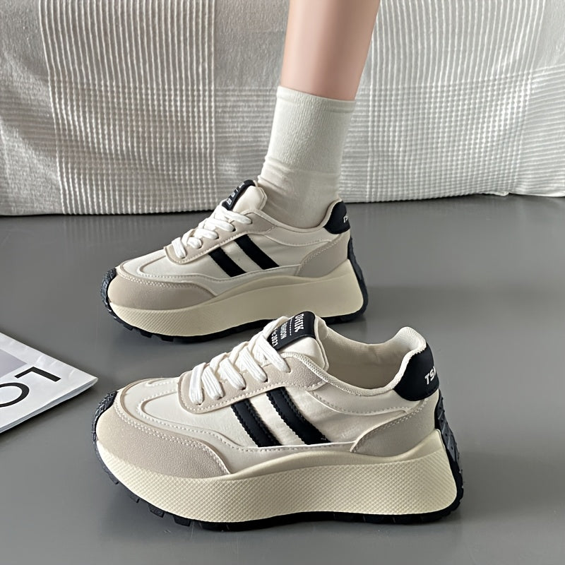 Women's Chunky Sneakers 2024, Striped Low Top Athletic Shoes with Fabric Upper, Lightweight PVC Sole