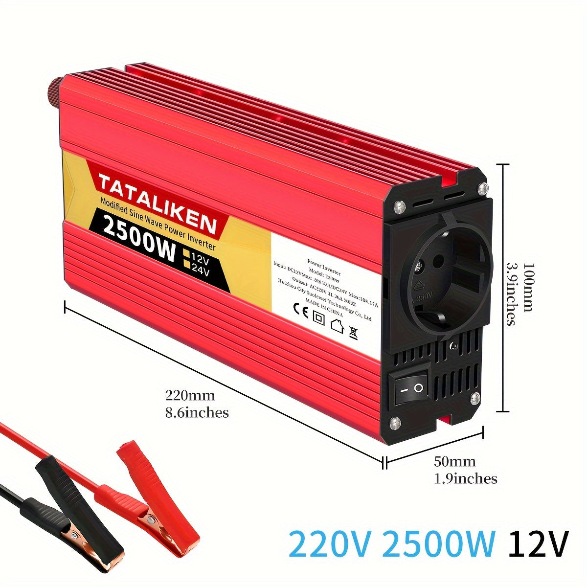 2500W-600W car power inverter with multi-function charger plug, converting DC 12V to AC 220V. Includes USB charger for RV, travel, and Euro regulation sockets. No battery required.