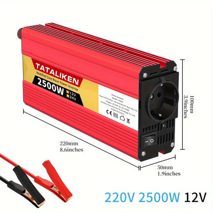 2500W-600W car power inverter with multi-function charger plug, converting DC 12V to AC 220V. Includes USB charger for RV, travel, and Euro regulation sockets. No battery required.