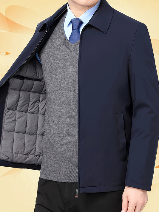 Men's casual lapel jacket made of non-stretch polyester, suitable for hiking and outdoor activities. Solid color with long sleeves and zippered closure. Regular fit with no belt, suitable