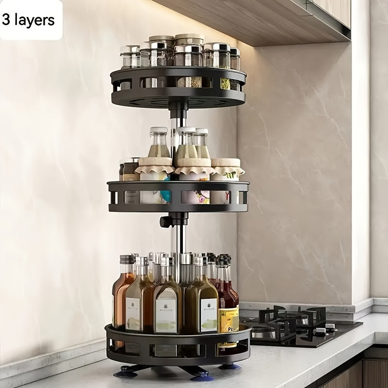 Round 3-Tier Rotating Storage Rack for Kitchen - Versatile Organizer for Spices, Cosmetics, Salt, Sauce, and Vinegar!