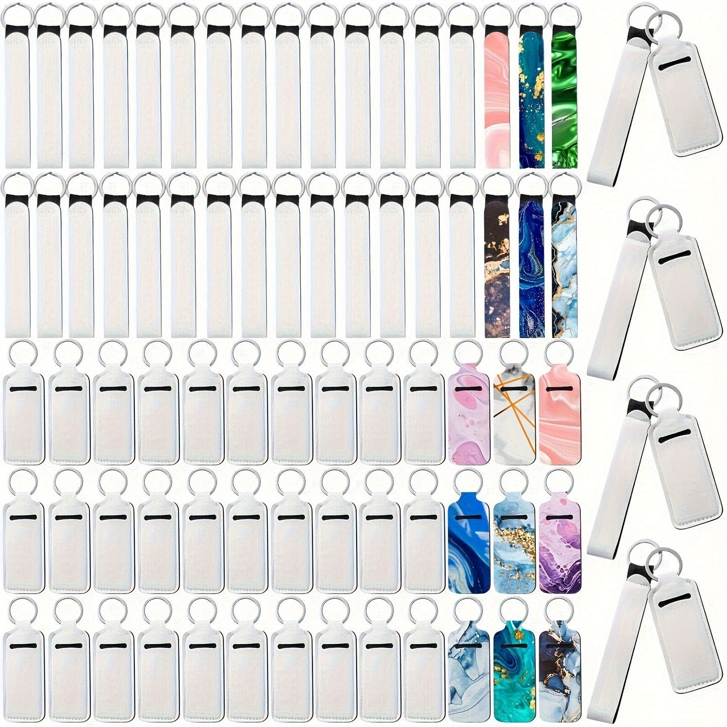 Set of 20 Sublimation Blank Wristlet Lanyards featuring Lipstick Holder Keychains. These lanyards are made of Neoprene material and come with a blank Lipstick Keychain Holder, perfect for Heat Transfer Craft projects.