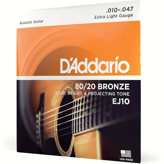 Acoustic guitar strings made of 80/20 bronze for six-string guitars, providing a rich, bright sound and excellent projection - Model EJ10-3D, extra light gauge 10-47.