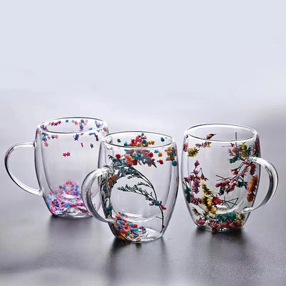 Double layer coffee cup mug with fresh flowers, suitable for home and office, perfect holiday gift.