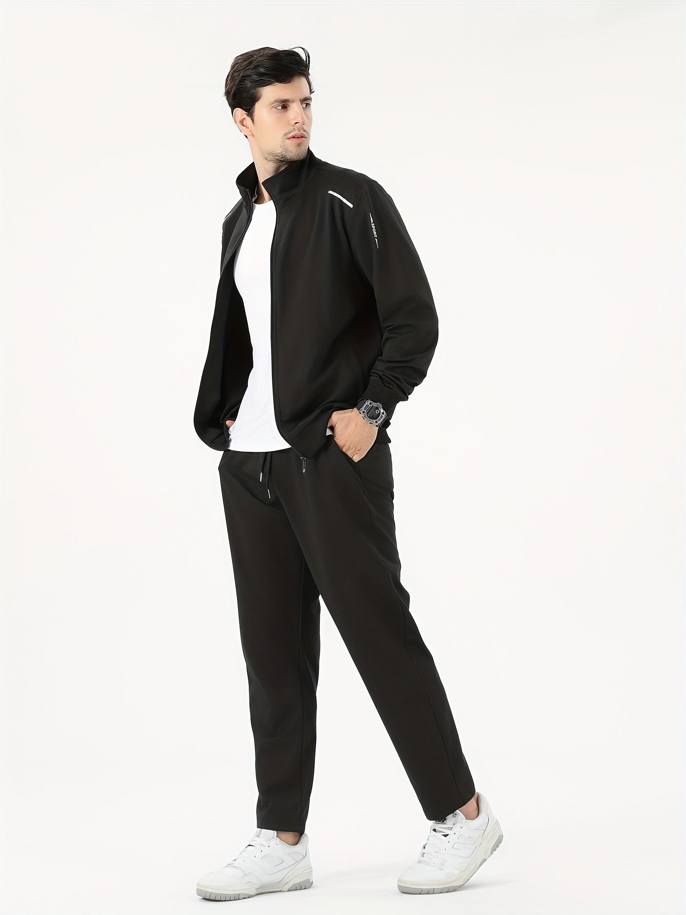 Men's two-piece casual sports suit with stand collar open shirt for spring and autumn.