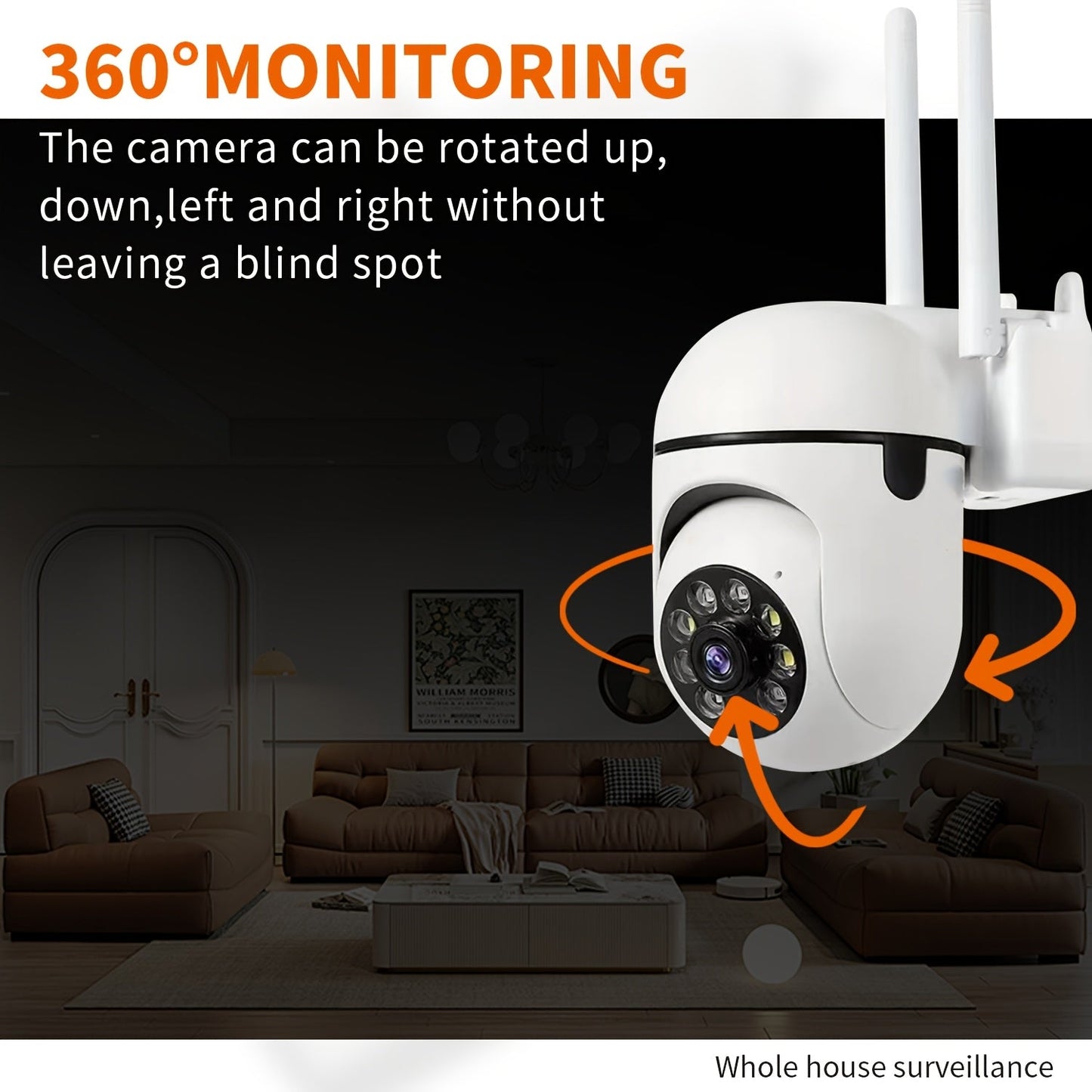 HD Smart WiFi Security Camera features 1080P resolution, Auto-Tracking, Night Vision, and Human/Pet Detection with Motion Alerts. This camera can be used indoors or outdoors, is USB powered, and compatible with smartphones. It operates on wireless 2.4GHz