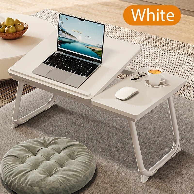 Folding desk with 5-level adjustment, cup holder, anti-slip feet in sleek black/white. Suitable for laptop, study, office, or bedside use.