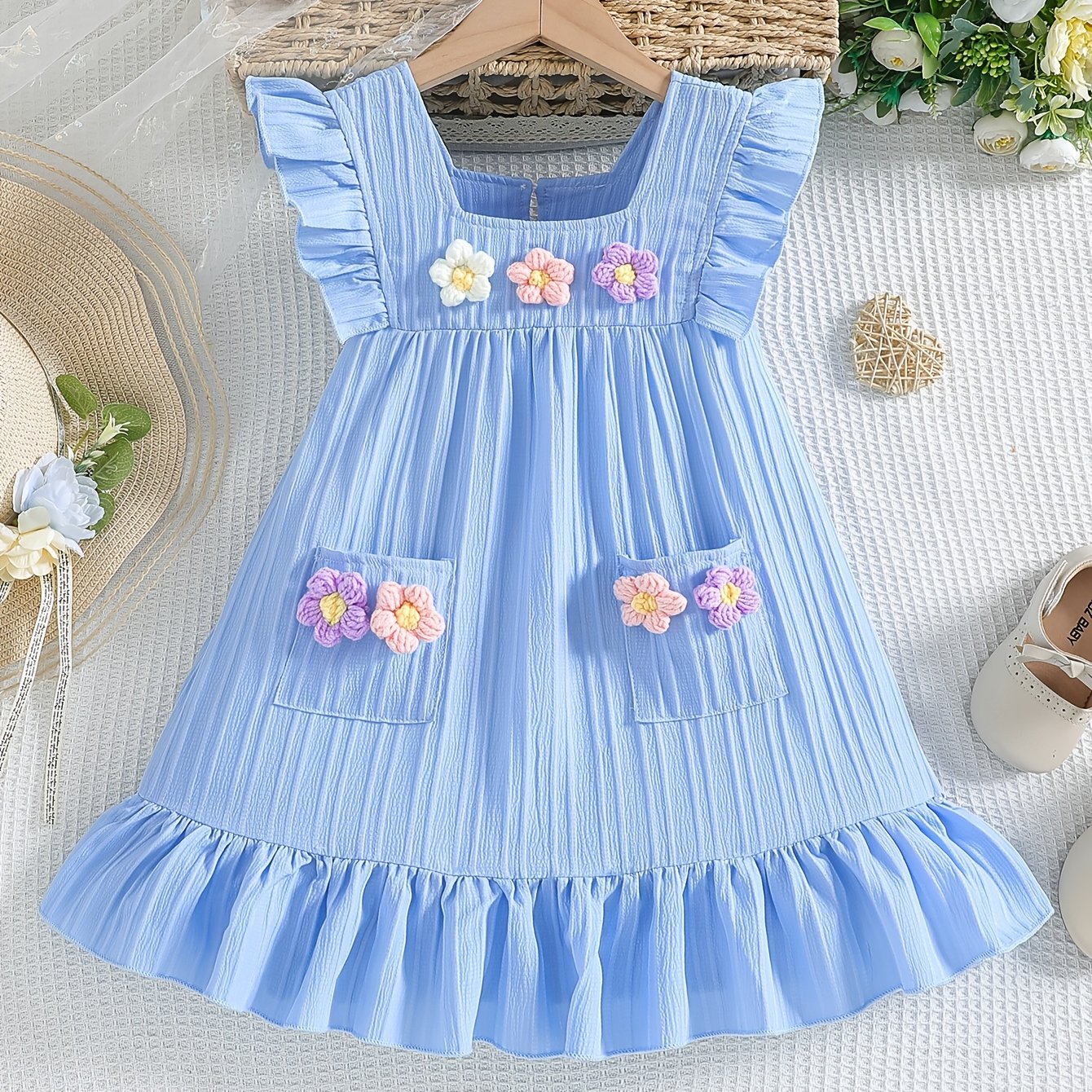 Girly light blue dress with 3D floral adornments - casual polyester, ruffle sleeves, knee-length perfect for summer