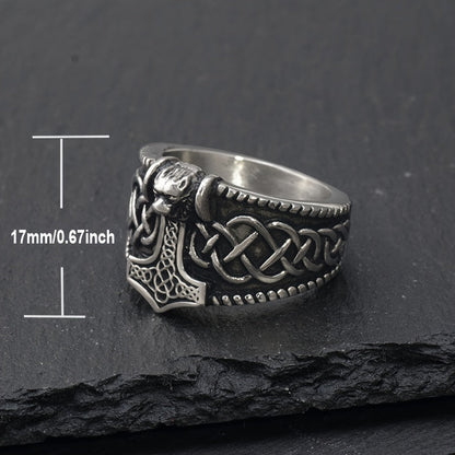 Men's Vintage Lion Head Thor's Hammer Ring - 316 Stainless Steel, Fashionable Amulet Jewelry