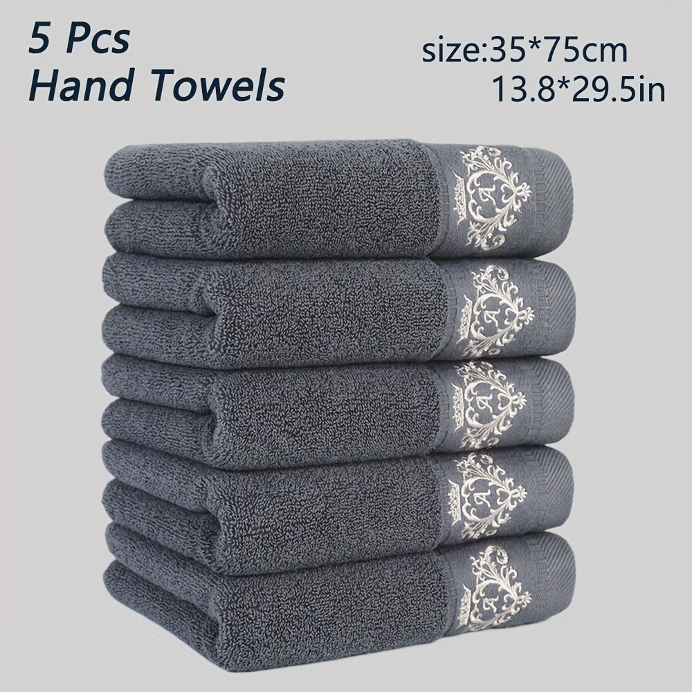 5 soft cotton hand towels with crown embroidery, quick-dry, absorbent, thick (35x75cm) for bathroom, shower, hotel, gym, spa. Available in dark gray, light gray, white, beige, teal blue. Can also be used as bath towels.