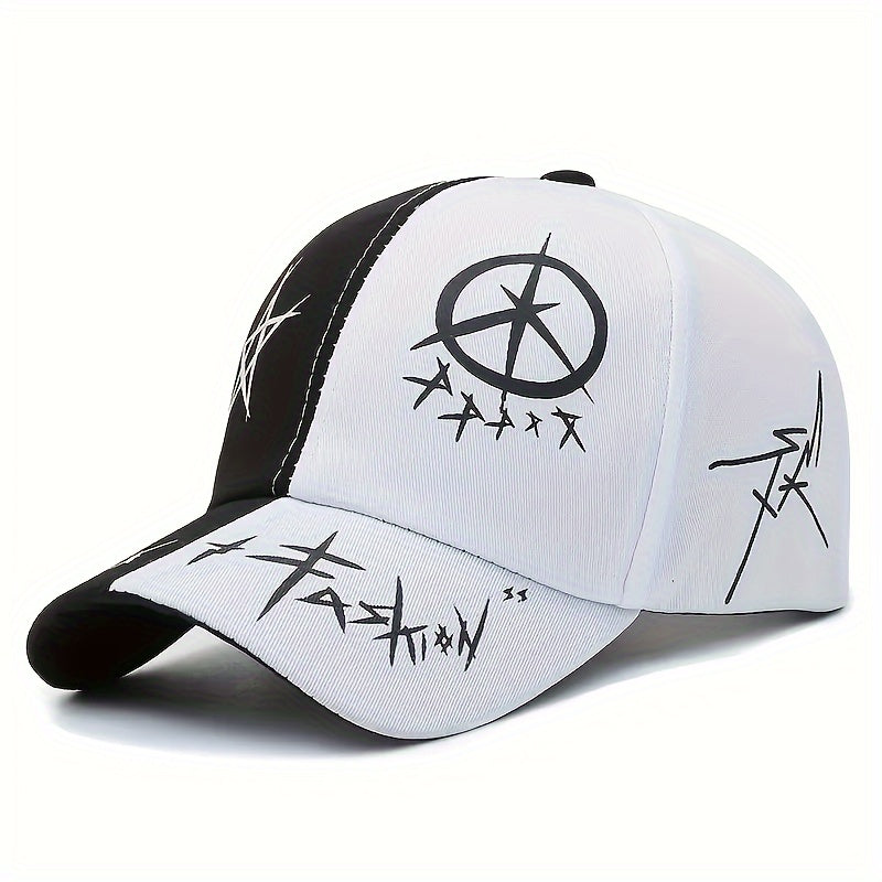 Stylish snapback hat with star-circle design and color block stitching for casual wear.